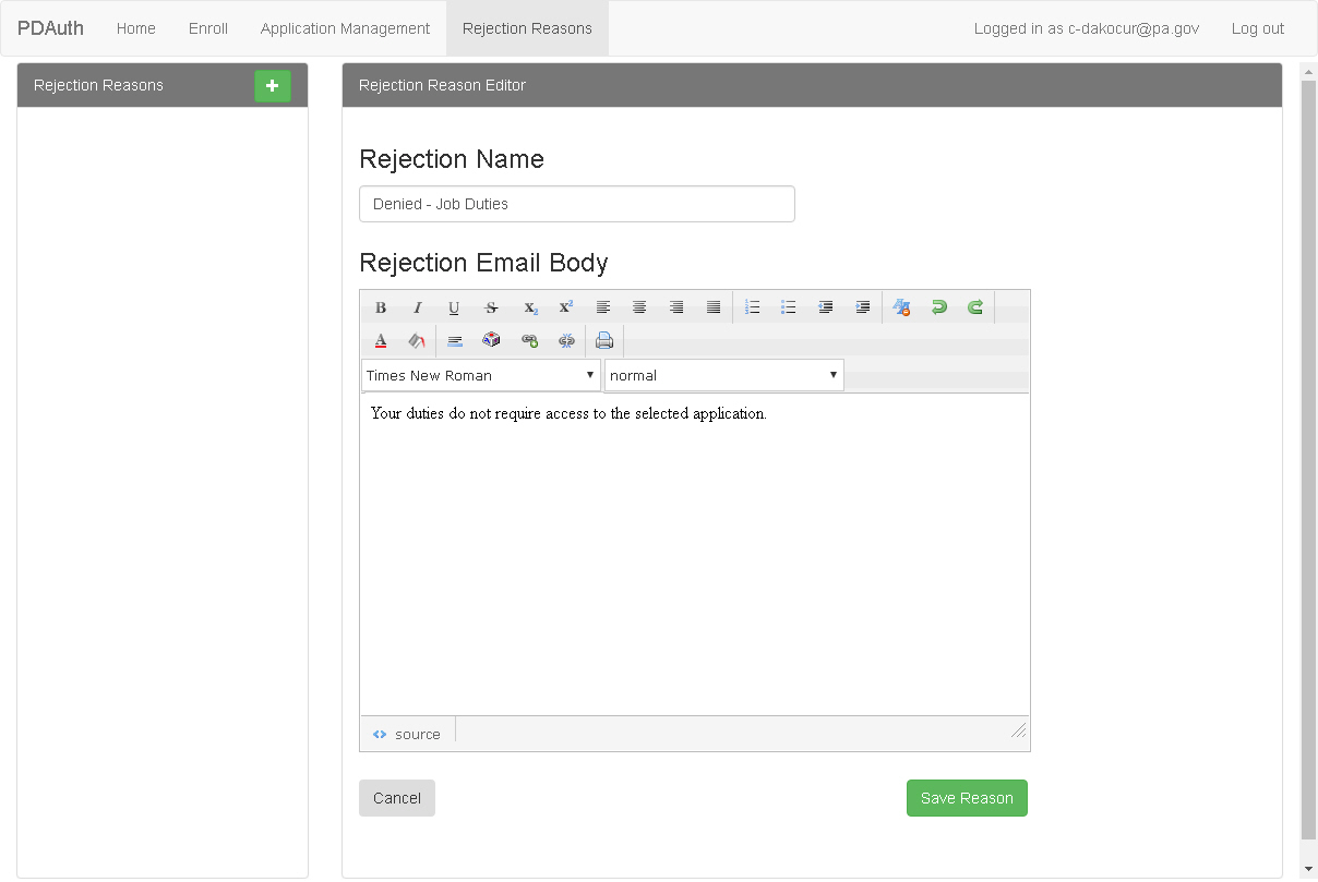Add or Modify Rejection Reasons